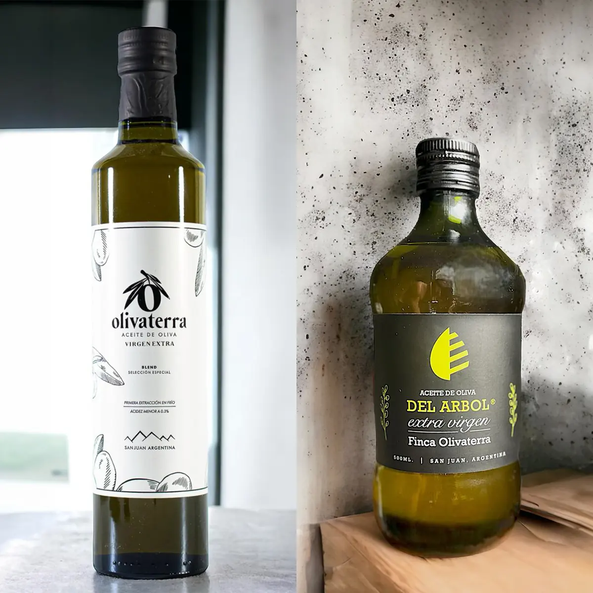 Botellas de aceite de oliva virgen extra Olivaterra y Del Árbol